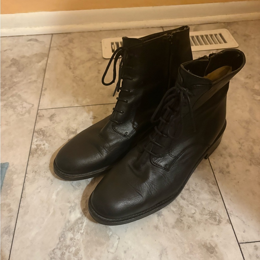 Intentionally Blank Side Zip Lace Up Black Leather Ankle Boots